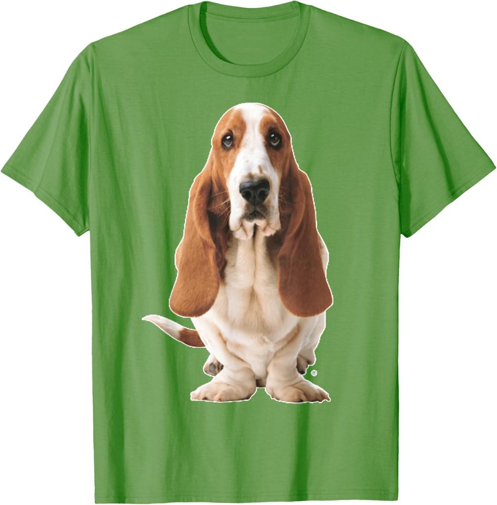 Basset Hound Dog Sitting Graphic Tee Breathable Cotton Casual Short Sleeve T-Shirt for Men