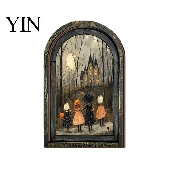 Hanging Halloween Decorations Arched Wooden Wall Decor, Ghost Cat Ornament, Distressed Gothic Medieval Style Window Frame Tabletop Decor Plaque,