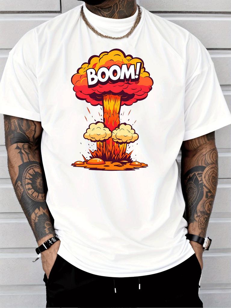 Unisex Black Crew Neck Tee Bold Cartoon Mushroom Cloud Explosion Boom Text Retro Comic Blast Graphic Street Casual Cotton Tops