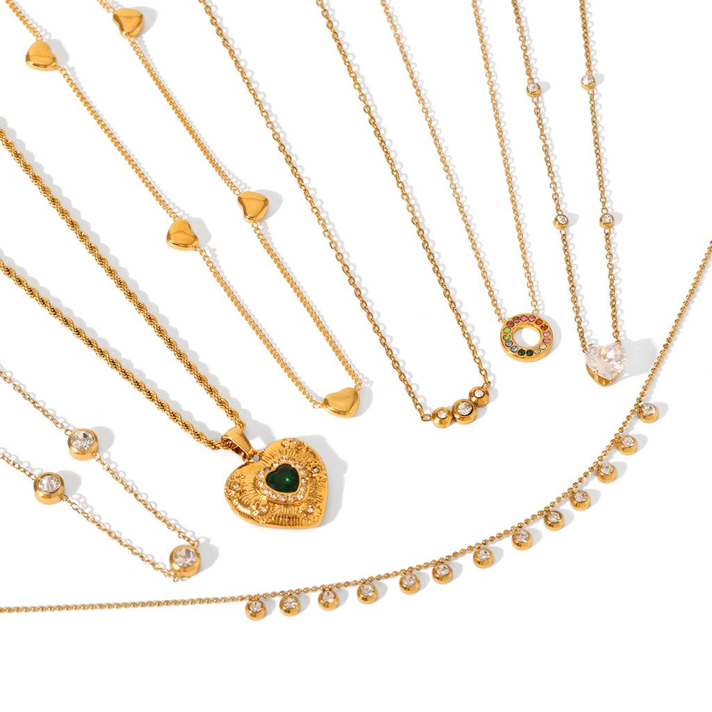 Zirconia Inlaid Heart Pendant Collarbone Necklace Titanium Steel Gold Tone Elegant Women's Chain