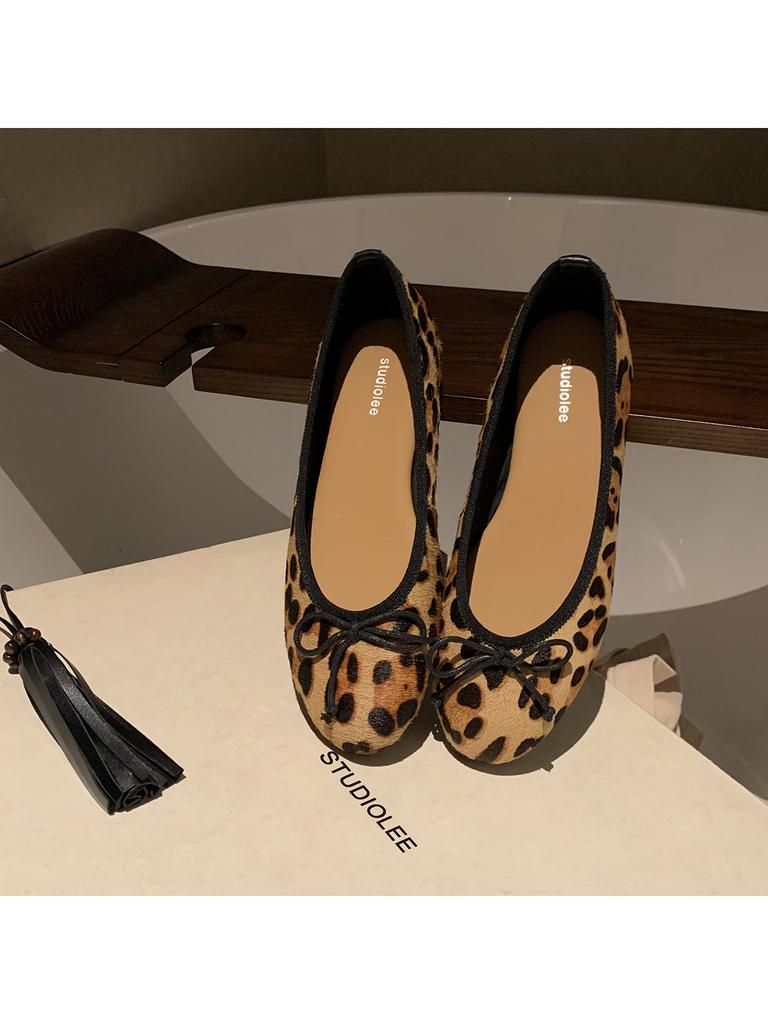 Sheepskin Version~ Grape Mother Same Leather Classic Round Head Bow Leopard Print Single Shoes Women's Shallow Mouth Ballet Flats