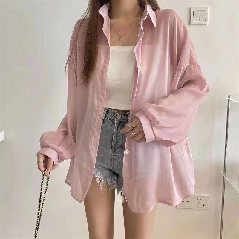 Women's 2024 Pearl Yarn Sun Protection Chic Sheer Long Sleeve Shirt