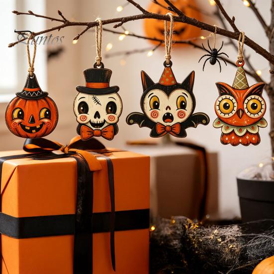 Black Cat Mummy Wooden Tree Pendants 6Pcs Vintage Halloween Ornaments for Decorations, Pumpkin Wood Cutout Pastoral Cute Indoor Decor Owl Hanging