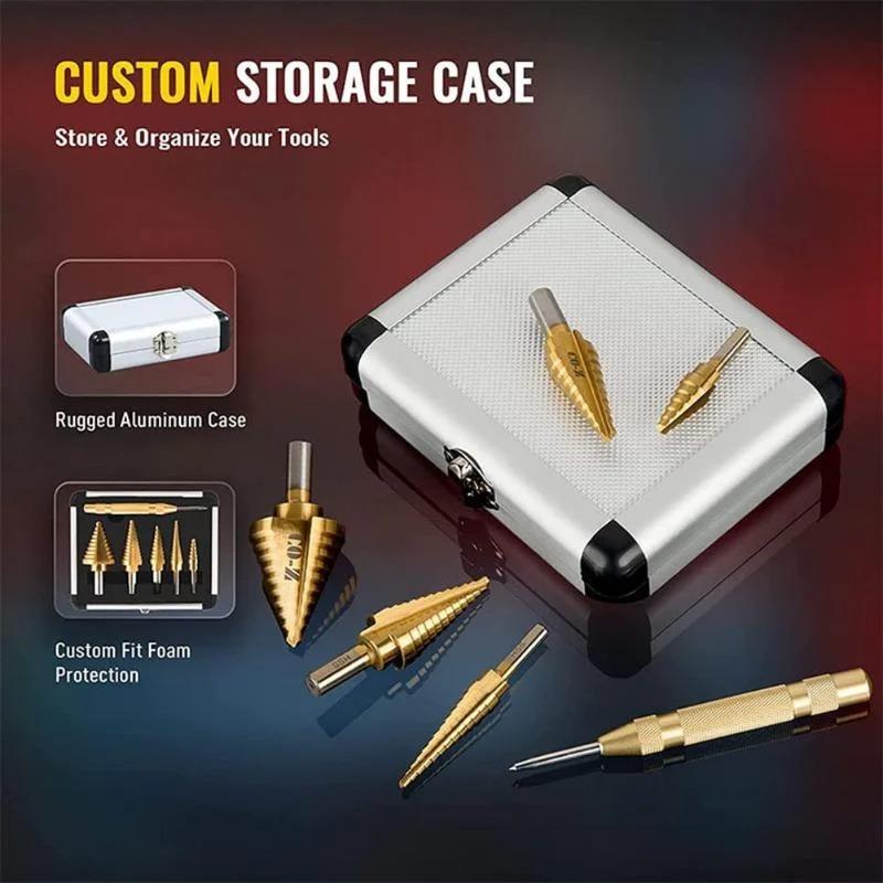 

Step Drill Bit Set 5-Piece Titanium-Coated High Speed Steel with Automatic Center Punch for Drilling Sheet Metal Step Drill Bit UNITED KINGDOM