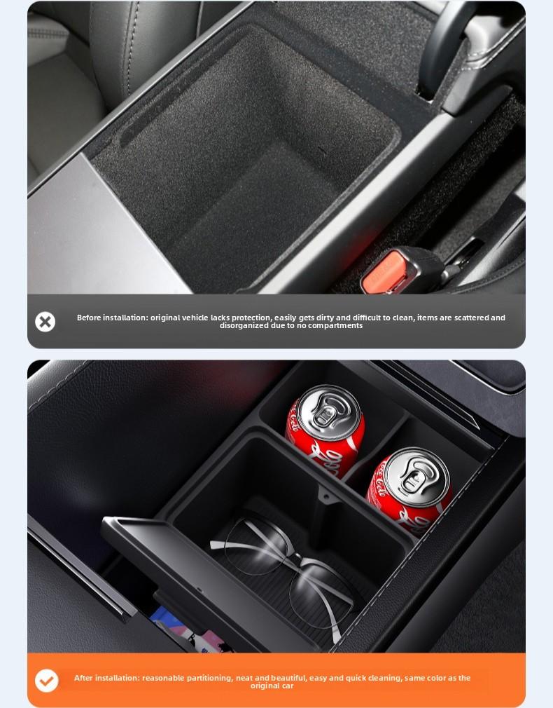 Boîte de rangement pour Console centrale de voiture Tesla modèle Y Juniper 2025, boîte de rangement pour accoudoir, plateau organisateur caché, tapis