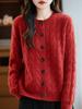 Women's Thickened Pure Wool Cardigan - Versatile Round Neck Cable Knit Sweater Jacket