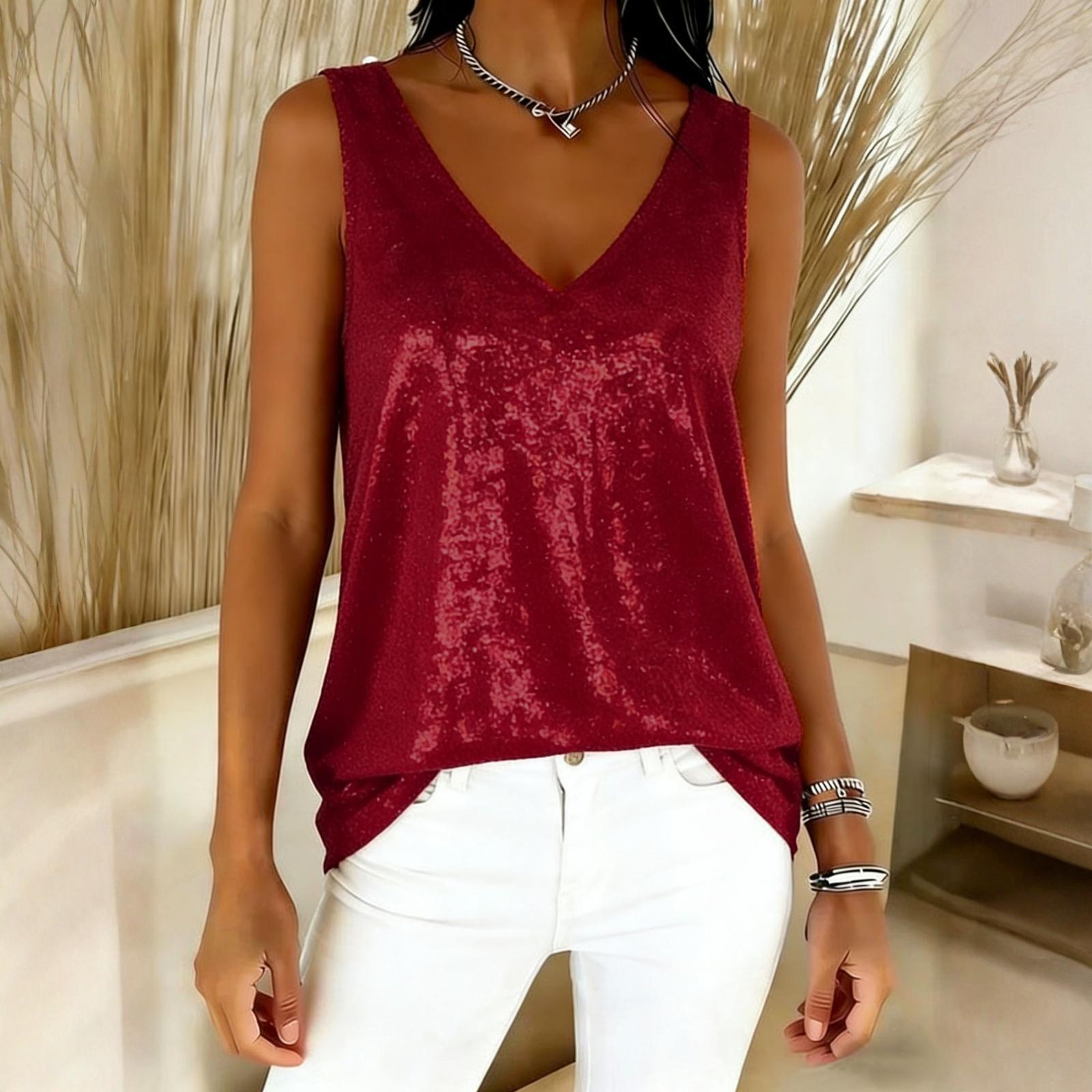 

Women s Loose-fitting, Fashionable V-neck Sequined Sleeveless Tank Top S винний
