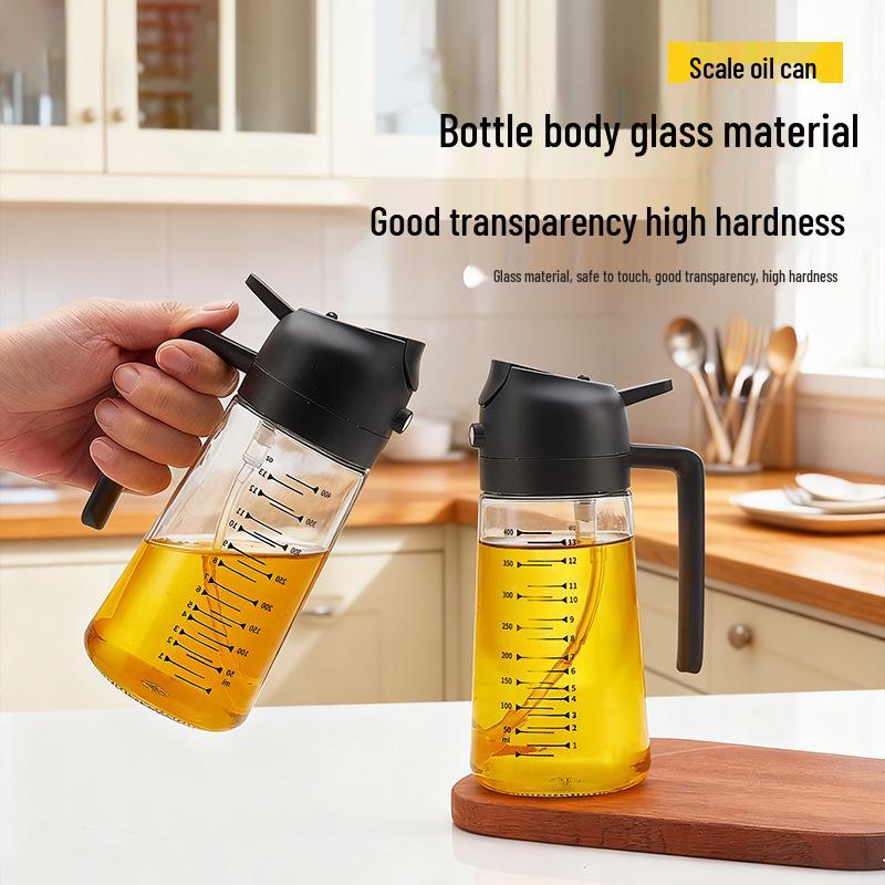 Graduated Glass Oil Dispenser with Handle: Large Capacity, Leak-Proof, 2-in-1 Spray for Kitchen Use.