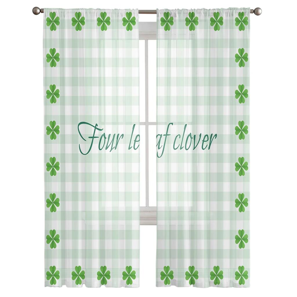 St Patrick Day Curtains Living Room Kitchen Clover Leaves Tulle Luck Wealth Irish Design Chiffon Curtain Light Filtering Polyester Area Window