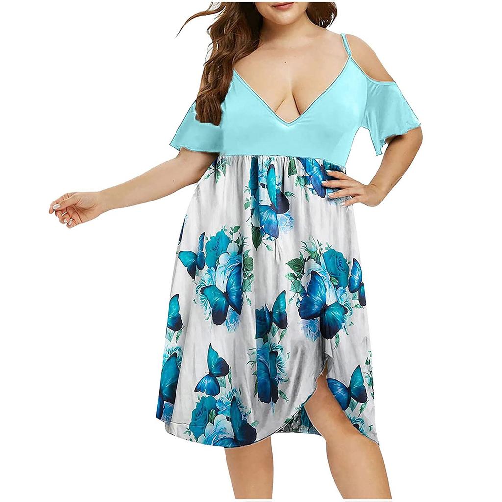 Women's High Waist Belly Concealing V-Neck Strapless Printed Plus Size Dress