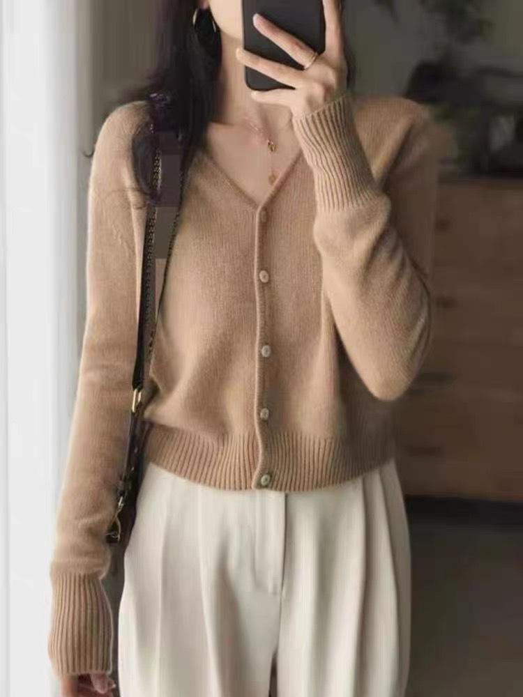 Women's V-Neck 100% Wool Cardigan - Lightweight Korean Style, Elegant Cashmere, Soft Sweater for Spring and Autumn