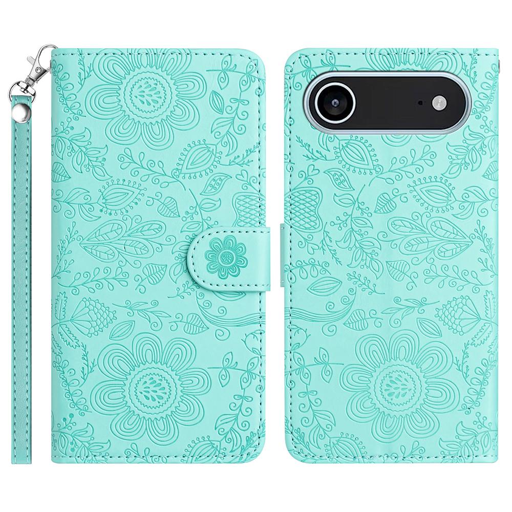 For iPhone 17 Air Case Flower Imprint Leather Flip Wallet Phone Cover with Wrist Strap