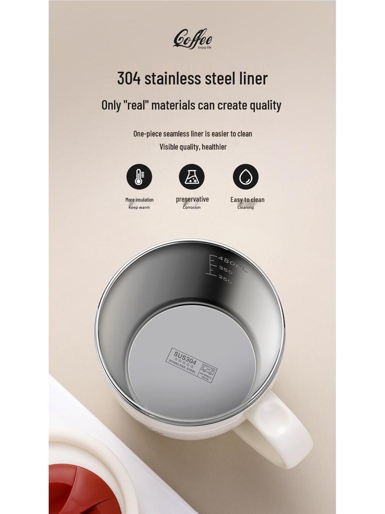 304 Stainless Steel Insulated Coffee Mug with Lid and Anti-Scald Handle - Stylish Office Cup