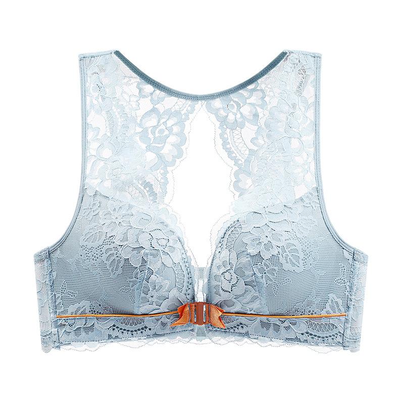 

Light Blue Floral Lace Front-Close Bra with Keyhole Back and Bow Detail M темно-зеленого