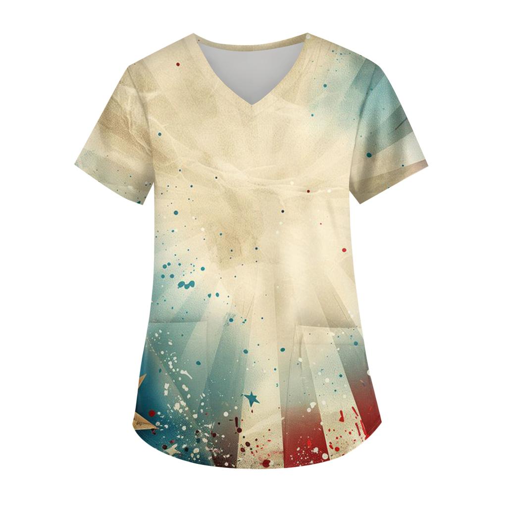 Ladies' Independence Day printed fashionable V-neck pocket short sleeved uniform and caregiver top