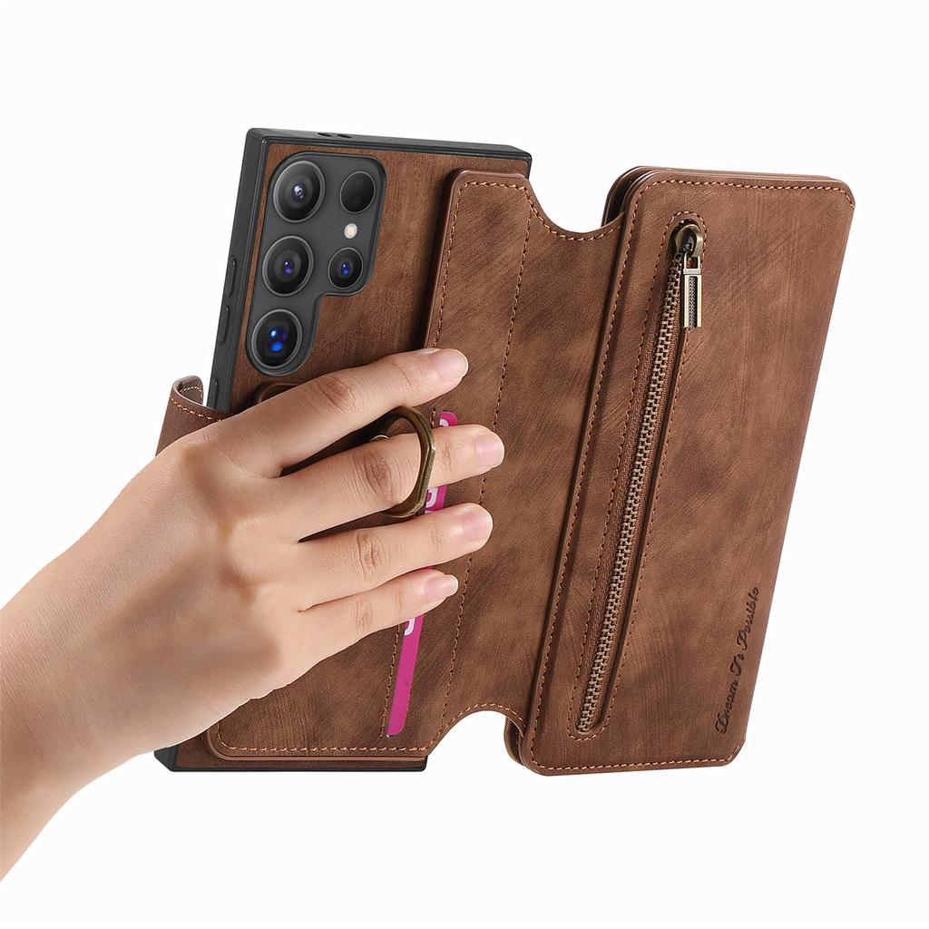 Dragkedja Kortfack Plånbok Läder Ringhållare Plånboksfodral För Samsung Galaxy S25 Ultra S24 Plus S23 A16 A06 A55 A35 A15 Flipfodral