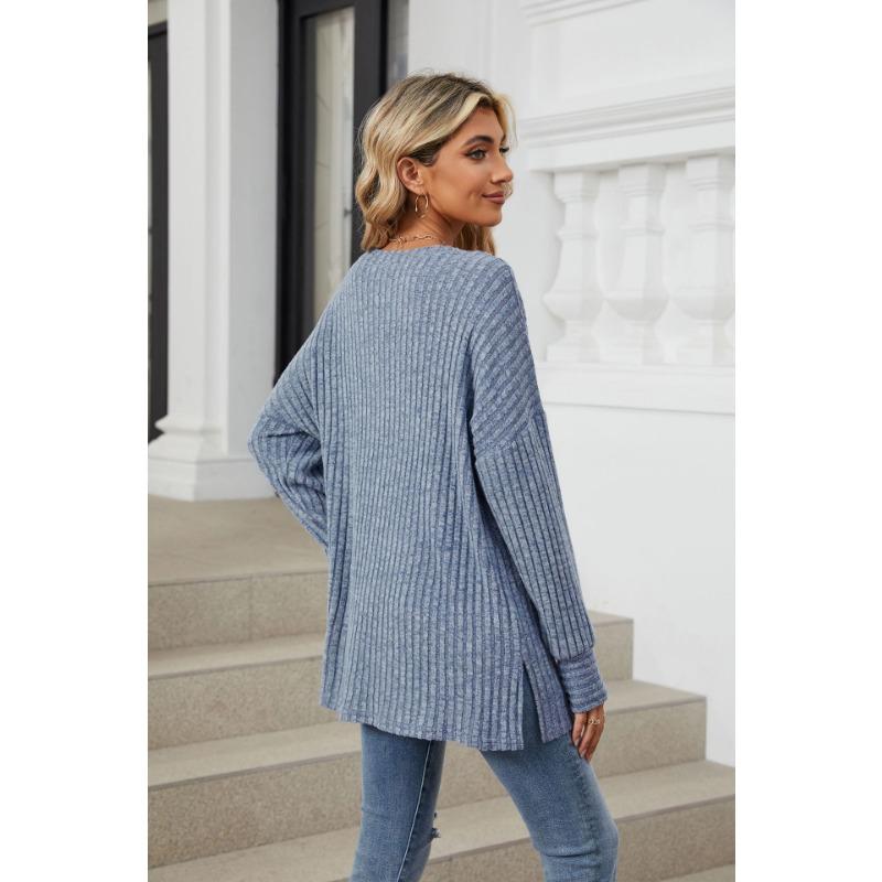 Herbst und Winter Damen Bluse Langarm Loose Rundhals Pit-Stripe Milled Tops