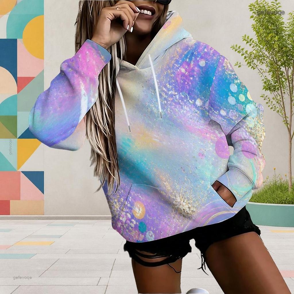 Women Plus Size Long Sleeve Colorful Galaxy Printed Hoodie Pullover With Drawstring Hood Kangaroo Pocket