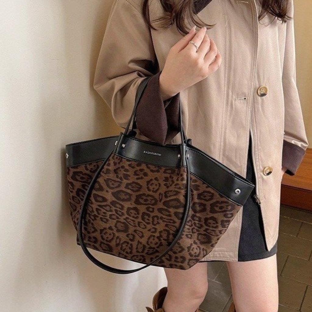 Tote Bag Women Velvet Leopard Print Large Capacity Office Daily Use