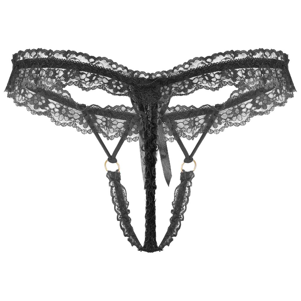 Mens Frilly Lace Thongs Bowknot Elastic Waistband G-string T-back Lingerie