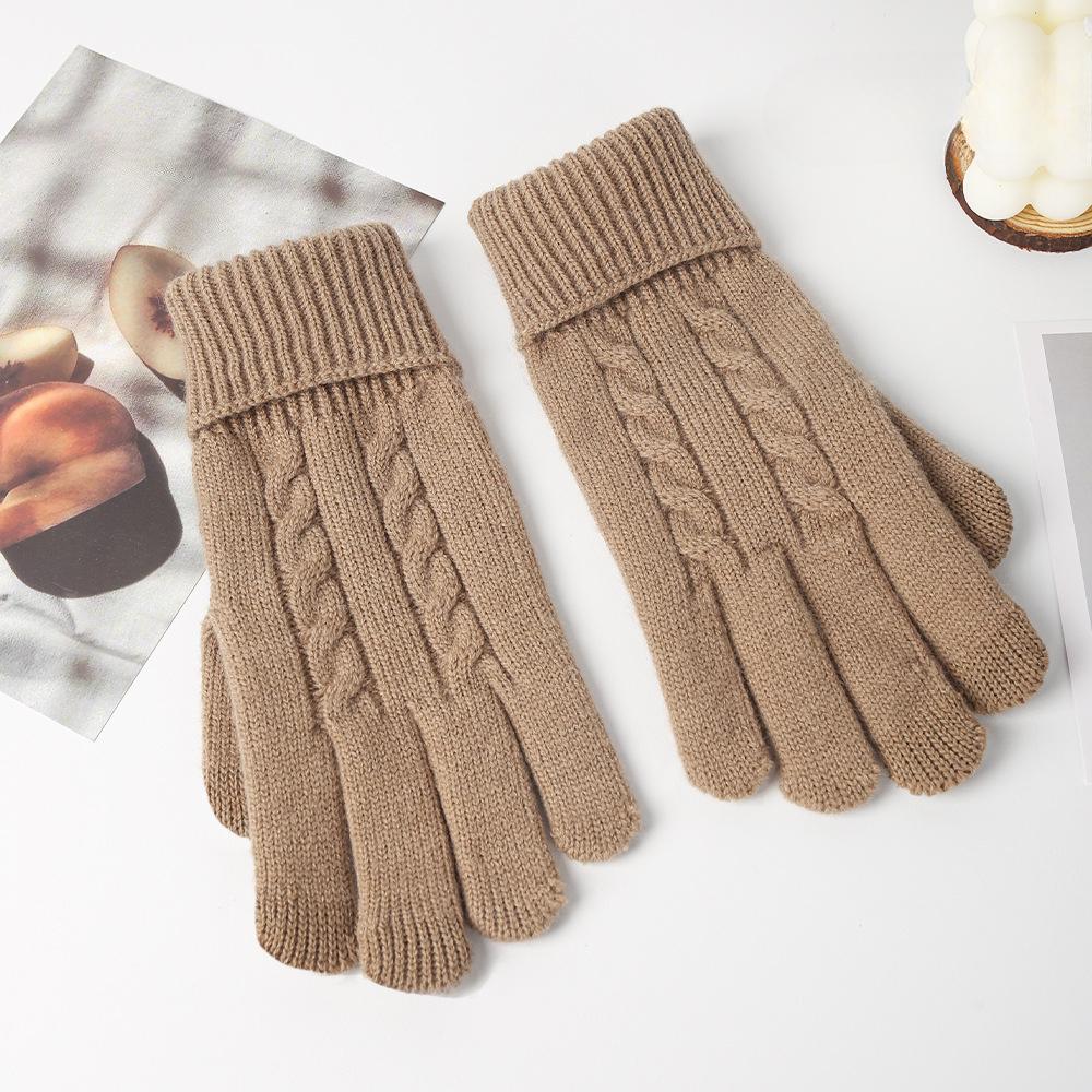 Gestrickte Handschuhe für Damen Herbst und Winter Warme und Kältebeständige Handschuhe Outdoor Einfarbige Wollhandschuhe Touchscreen-Handschuhe