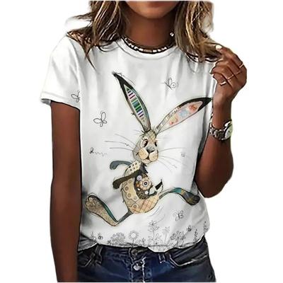 Summer Round Neck 3D Rabbit Print Top Fashionable Casual Short Sleeved Women's T-shirts