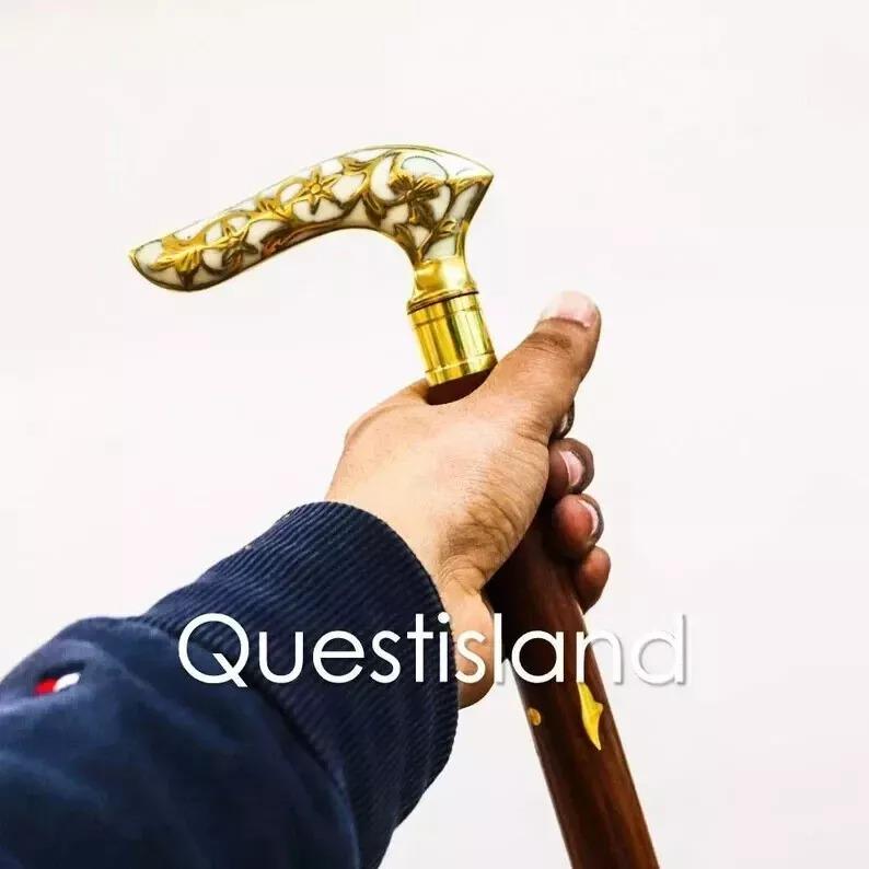 Brass Handle Wooden Victorian Style Foldable Cane Collectible Men'