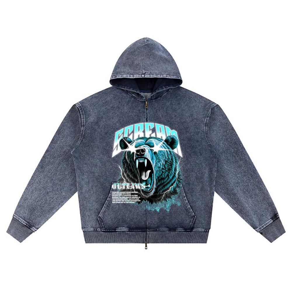 

DTG print Knitted Denim Zip-Up Hoodie Scream Outlaws Brother Print Zipper Hoodies XL темно-синього кольору