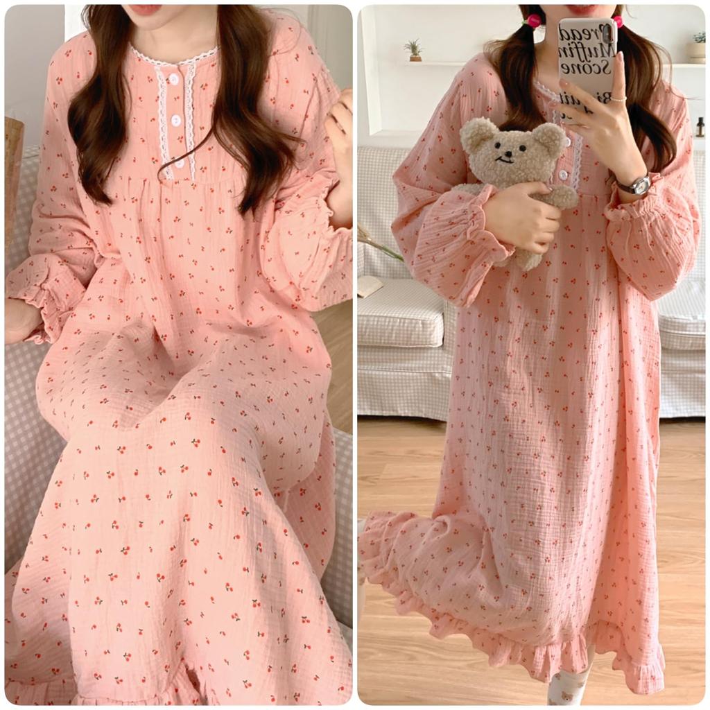 Gentle on the Room Long Winter [GDenFrog] Women's Pajamas, Nightgown, One-piece, Double-layered Gauze, Skin, Body-Shaping, Wear, Loungewear, Sleeves,