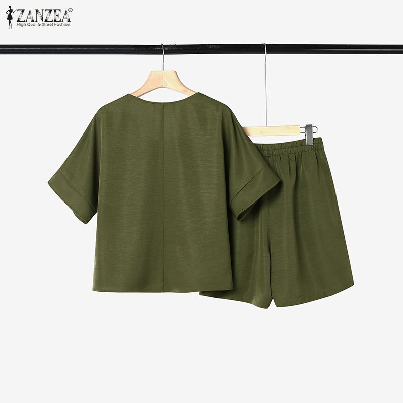 ZANZEA Women Short Sleeve Blouse and Shorts Summer Two Piece Suit Sets