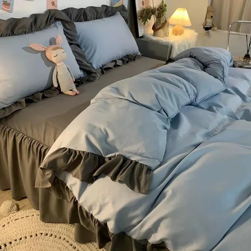 Ins Princess Style Bedding Set For Woman Cute Girl Solid Color Ruffles Duvet Cover Queen King Bed Sheet Bed Skirt Pillow Covers