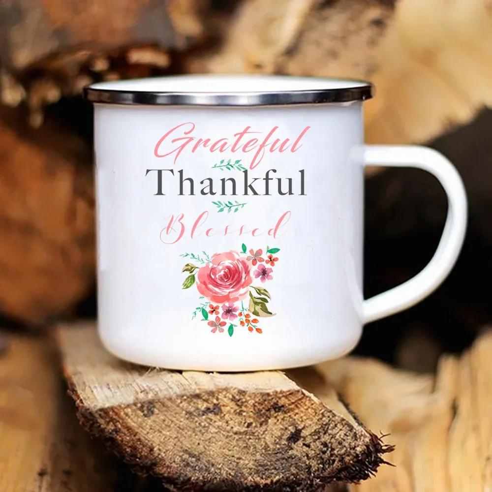 Grateful Thankful Blessed Print Creative Enamel Mugs Coffee Cup Thanksgiving Party Wine Juice Mug Dessert Milk Handle Cup Gifts