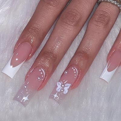 24 pezzi di unghie finte lunghe a bara, unghie finte nude con perle bianche, design a farfalla, unghie acriliche con 1 colla gelatinosa e 1 lima per unghie