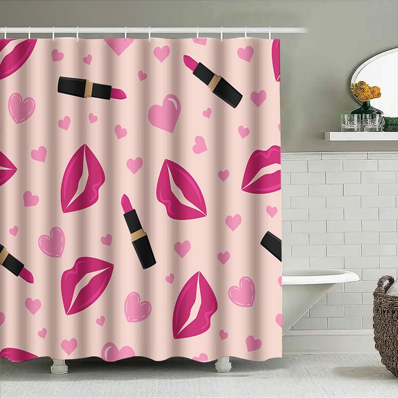Pink Lipstick Pattern Shower Curtain Home Decor Bathroom Waterproof Fabric Curtains For Girl'S Room Pink Hearts Design With Blac
