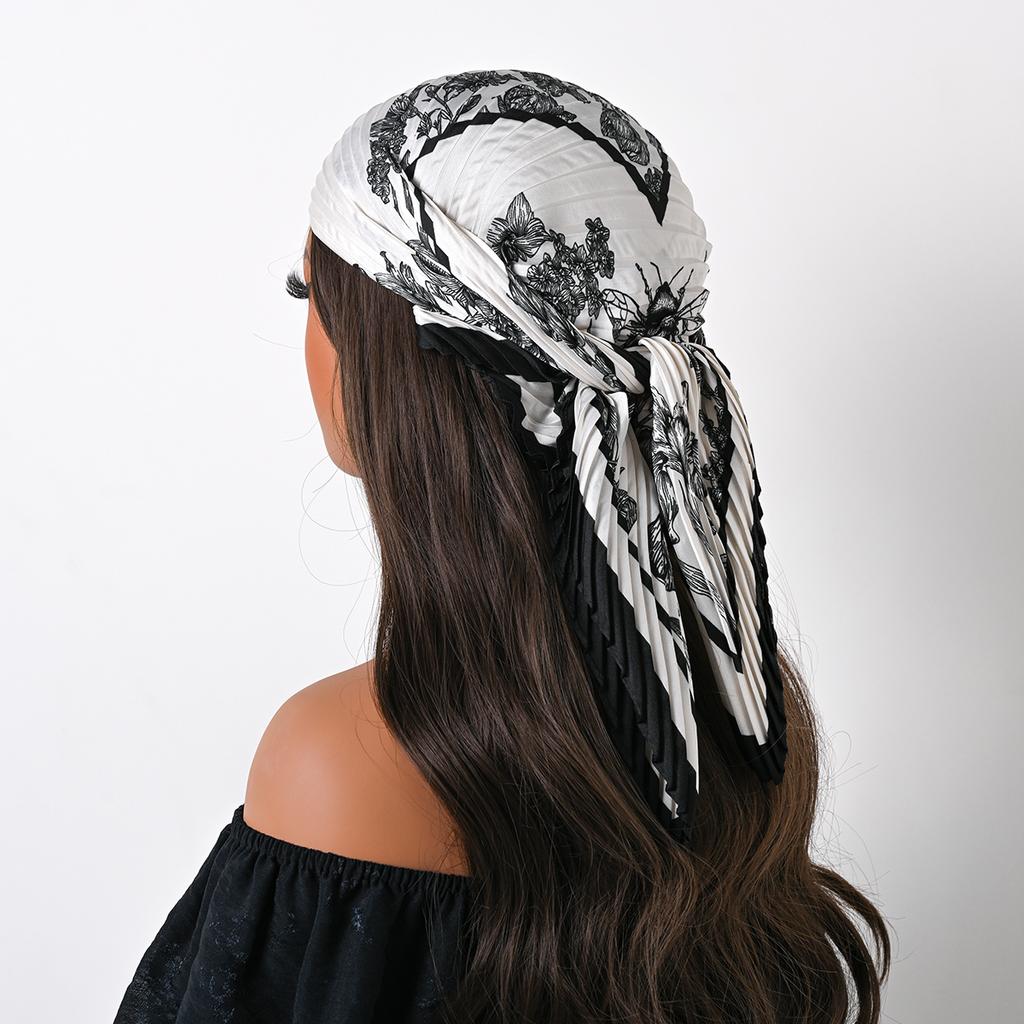 Bohemian Style Floral Print Women’s Square Pleated Silk Scarf Satin Head Wrap Tropical Leaf Flower Design Scarves Bandana Hijab