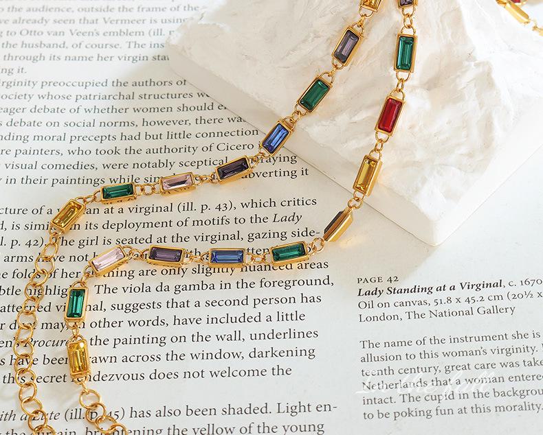 Colorful Retro Rhinestone Patchwork Necklace & Colorfast Bracelet - Simple Titanium Steel Dopamine Jewelry