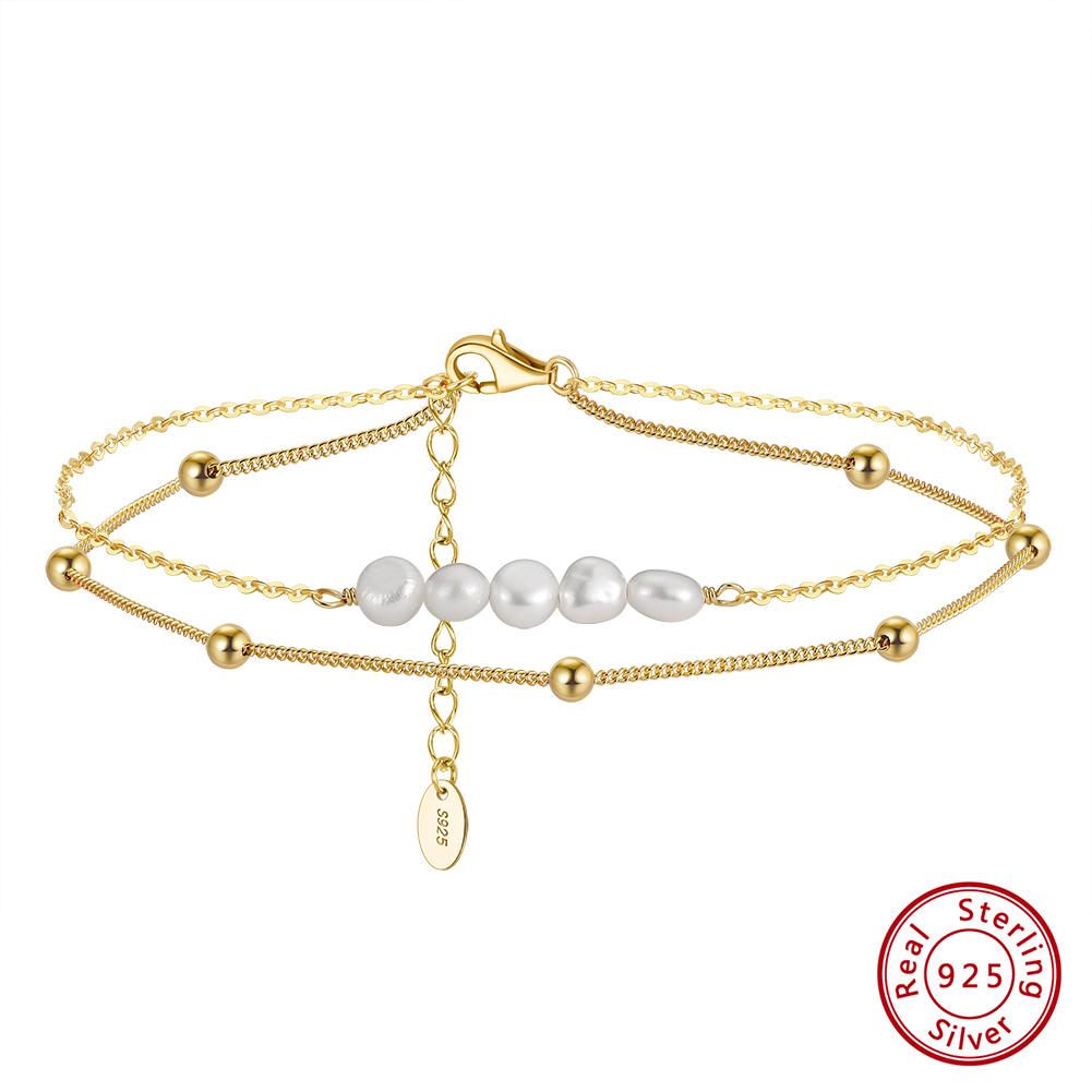 ORSA JEWELS Layered Natural Pearl Chain Anklet for Women Girl 925 Silver Fashion Summer Beach Foot Bracelet Anklets Jewelry SA50