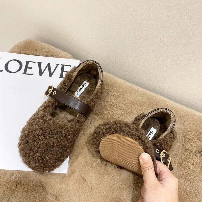 2024 Spring Lambhair Women Ballet Laofer Flat Shoes Shallow Slip On Ladies Fur Mary Jane Shoes Soft Outdoor Granny Shoes