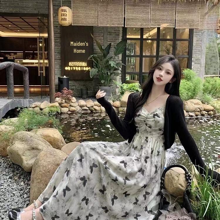 Women's Summer Slim-Fit Floral Dress Set with Cardigan - French Style