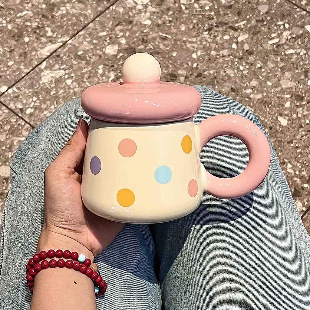 Chubby mug with lid spoon ceramic mug large capacity water cup couple home coffee breakfast cup souvenir