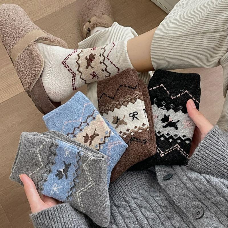5 Paar Herbst Winter Neue Vintage Hunde Socken Schleife Cartoon Niedlich Einfache Farbe Mittel Socken Modisch Vielseitig Damen Socken