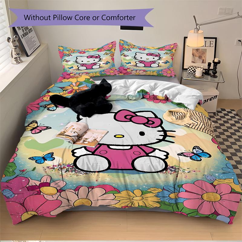 3pcs Hello Kitty & Colorful Daisy Design Pattern Bedding Set, 1* Cover + 2*Pillowcases, Printed Bedding Set, Soft and Comfortable.W034