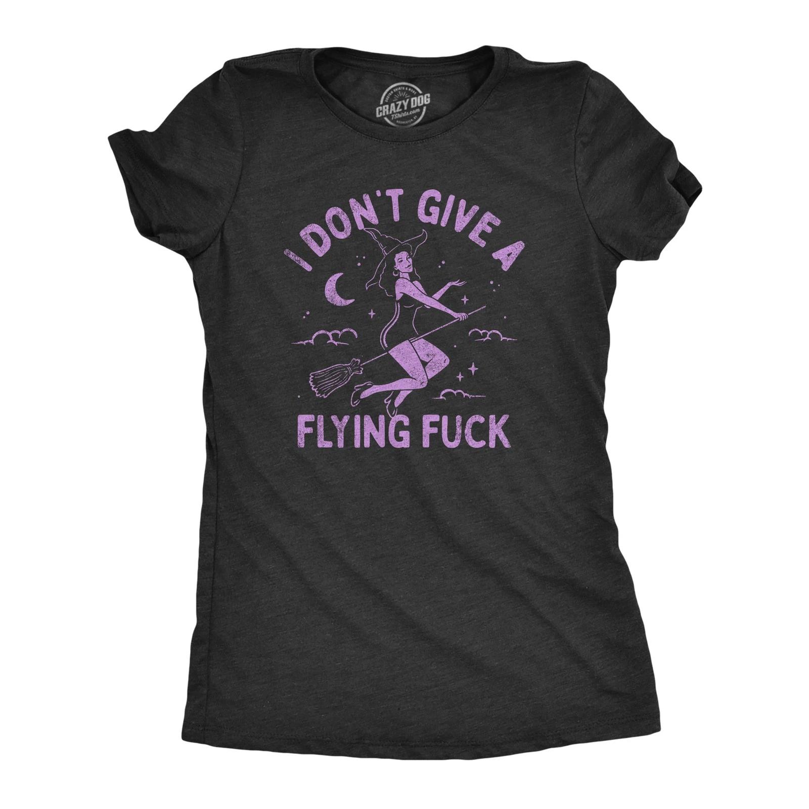 Womens I Dont Give A Flying T Shirt Funny Halloween Witches Broomstick Joke L
