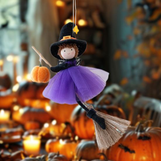 Halloween Hengende Heks Dekor Mini Plysj Flygende Heks Dukke med Kvast for Spøkelseshus Plen Hage Terrasse Halloween Fest Dekor