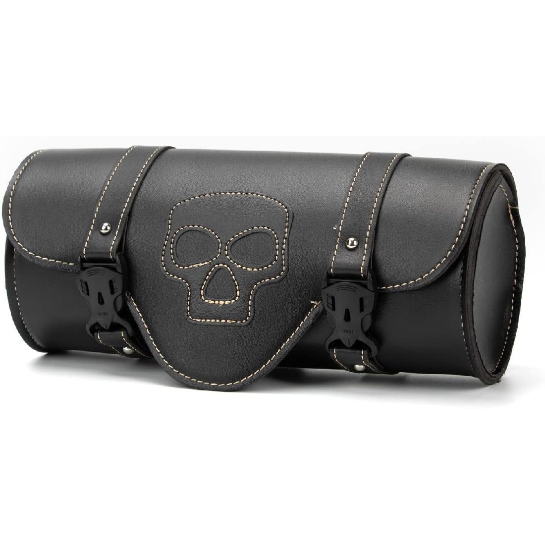 Tool Bag, Universal Handlebar Bag, Black PU Leather Roll Saddlebags, Black-Skull