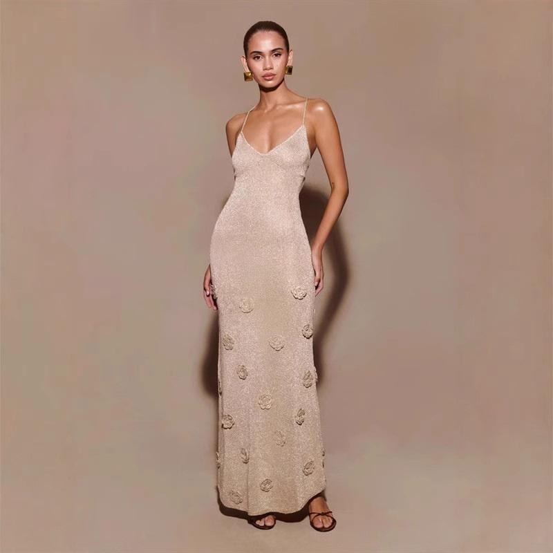 

Летнее платье для женщин с V-образным вырезом однотонное облегающее макси-платье вязаное на тонких бретельках длинное платье элегантная праздничная одежда L абрикосовый света