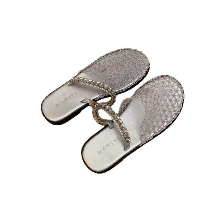 Flat-bottomed French Rhinestone Mesh Bag Head Half Slippers Women's Shoes Outer Wear 2025 Summer Vacation Beach Roman Sandals