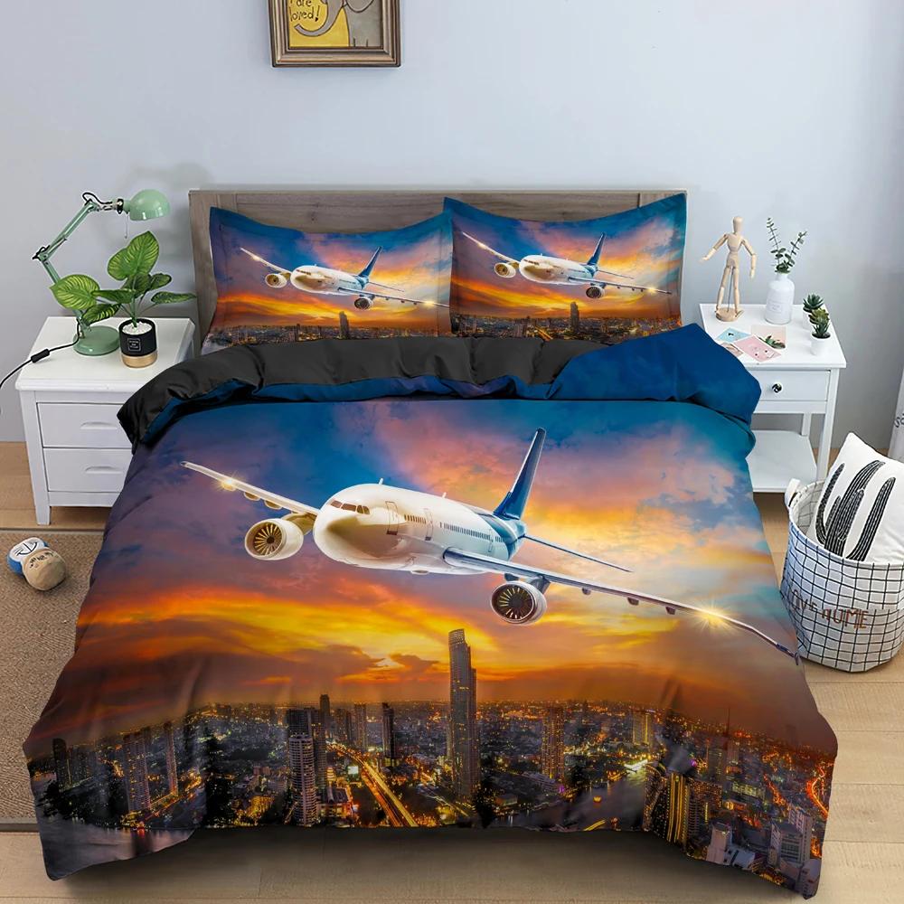 Airplane Sky Digital Printed Bedding Set Soft Comforter Duvet Cover King Queen Twin Size Birthday Gift Adult Boy Bedroom Decor