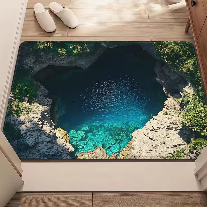 2D Ice Cave Door Mat Blue Pool Entrance Rug Hole Themed Visual Illusion Non-Slip Indoor Welcome Mat Cool Home Hallway Decor