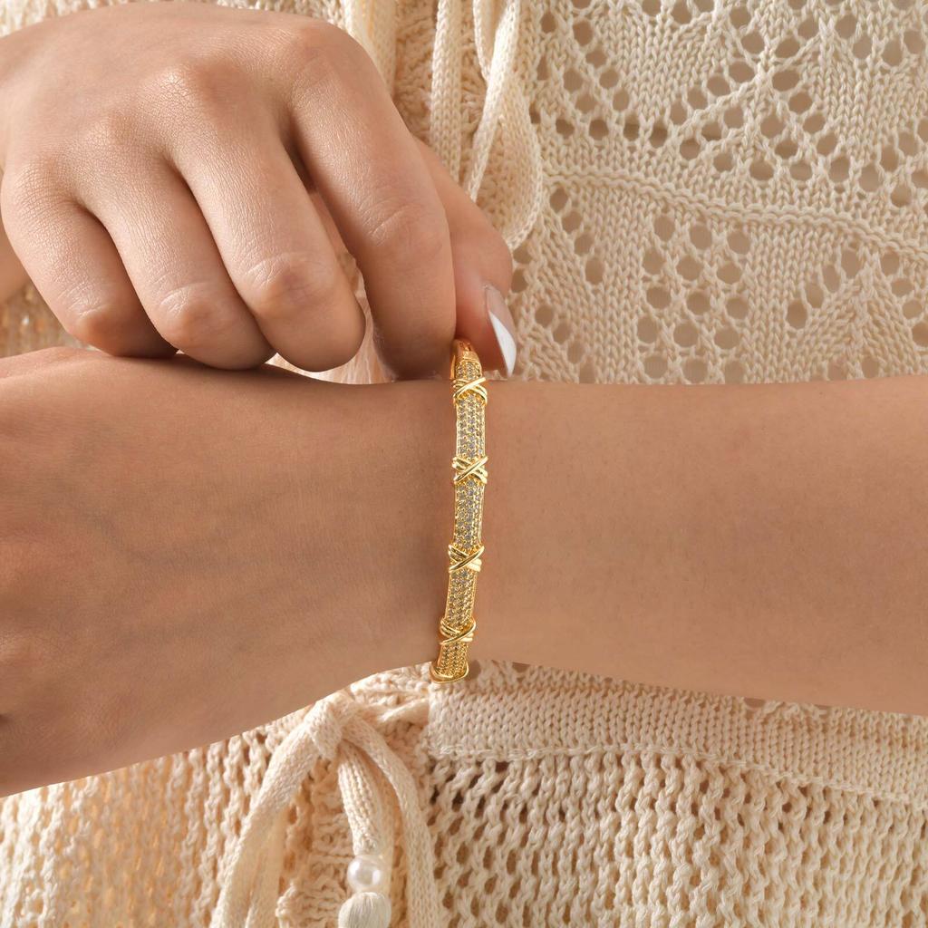 Luxury Zirconia Bangle, Gold Plated CZ Statement Wrist Bracelets for Women, Valentine's Day Wedding Birthday